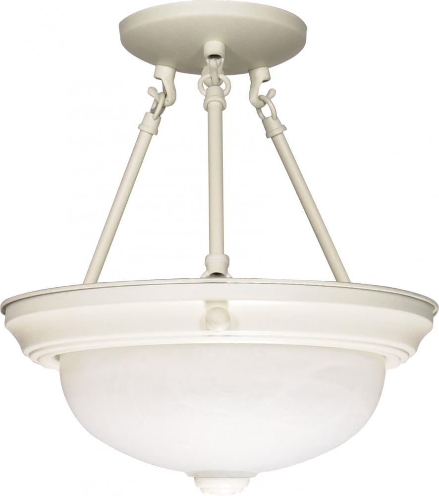 2-Light 11" Semi Flush Mount Lighting Fixture in Textured White Finish with Alabaster Glass