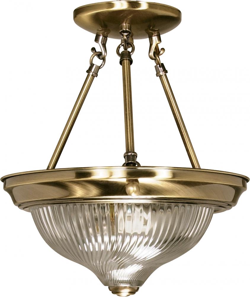 2-Light 11" Semi Flush Light Fixture in Antique Brass Finish with Clear Swirl Glass