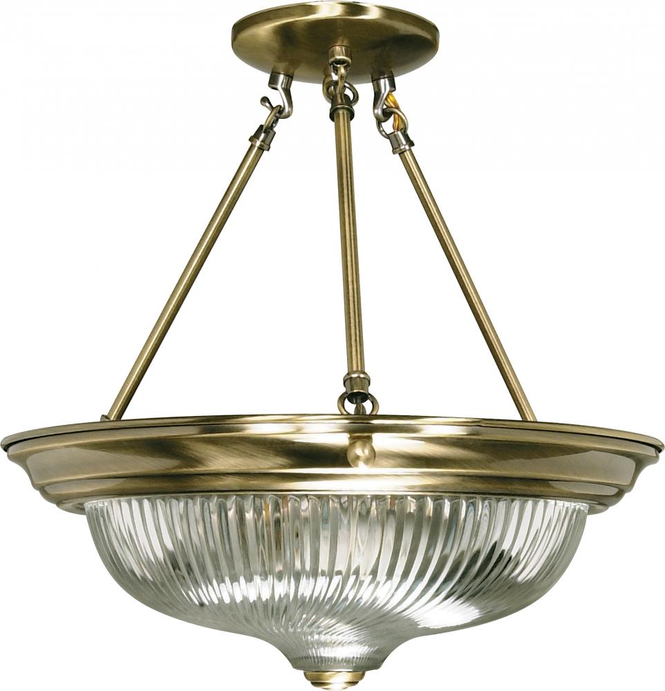 3-Light 15" Semi Flush Light Fixture in Antique Brass Finish with Clear Swirl Glass