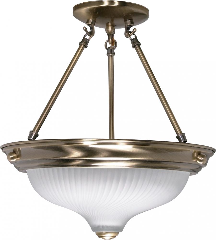 2-Light Semi Flush Mount Ceiling Light Fixture in Antique Brass Finish with Frosted Swirl Glass