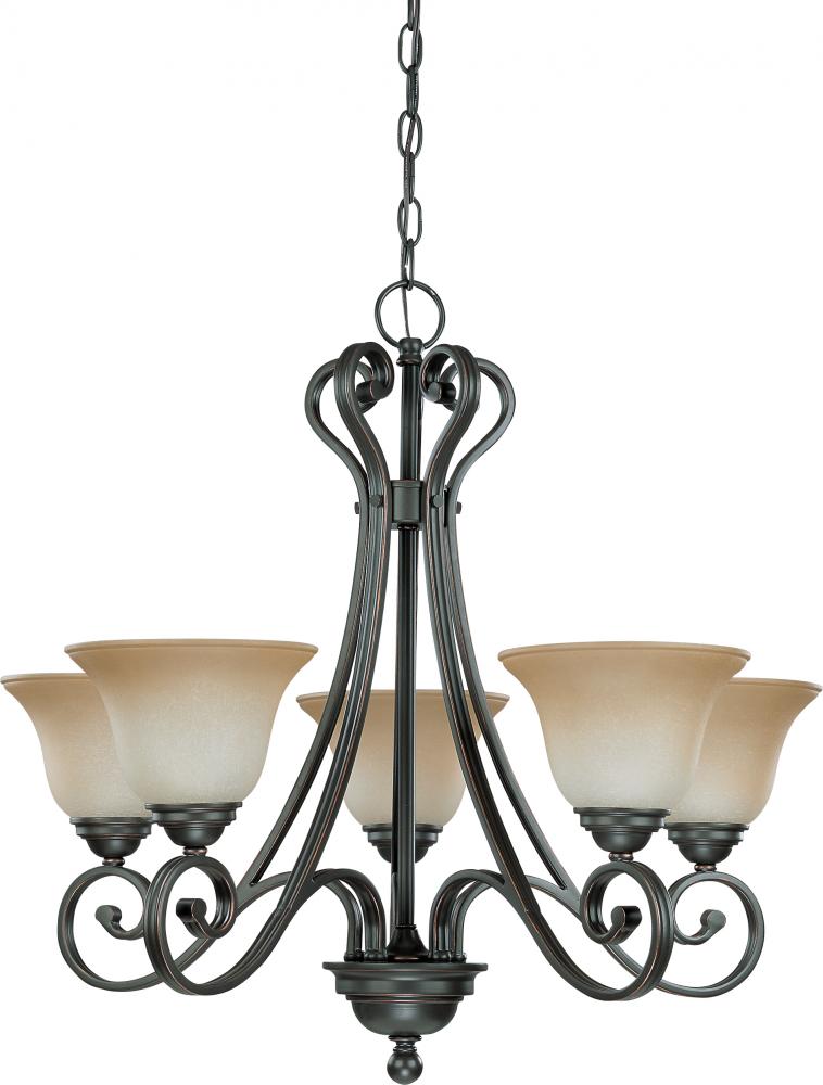 5-Light Sudbury Bronze Chandelier (Arm Up) with Champagne Linen Glass