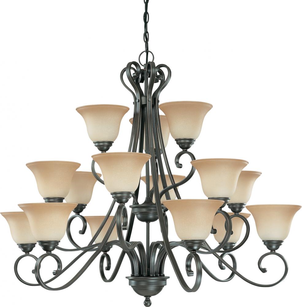 15-Lightss 3-Tier Chandelier in Sudbury Bronze Finish with Champagne Linen Glass