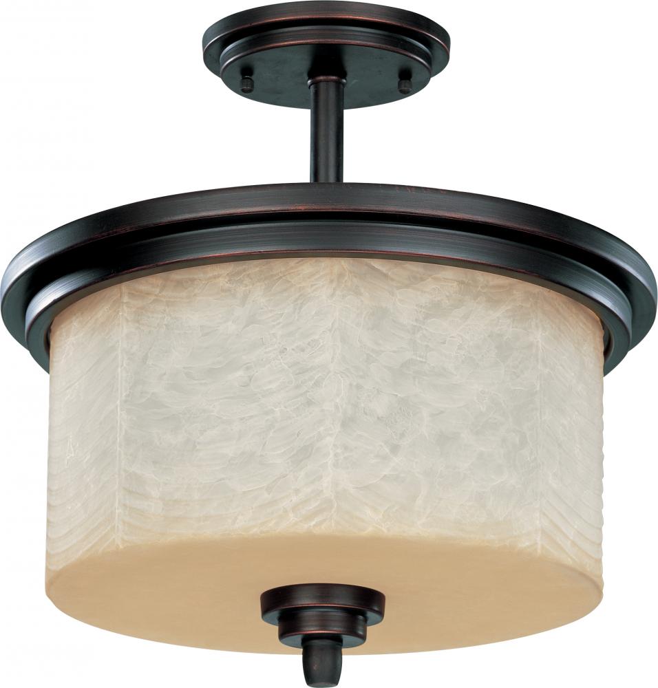 3-Light Semi Flush Mount Ceiling Light in Patina Bronze Finish with Saddle Stone Glass