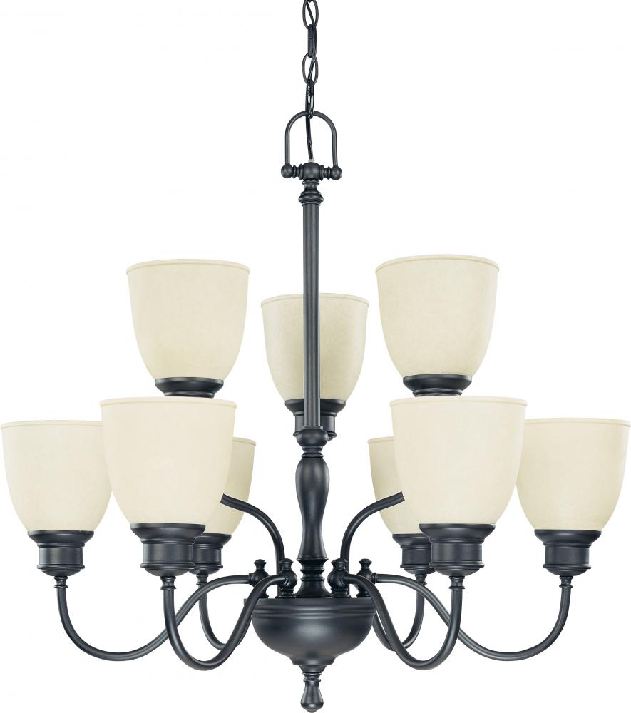 9-Light 2-Tier Chandelier in Aged Bronze Finish with Biscotti Glass