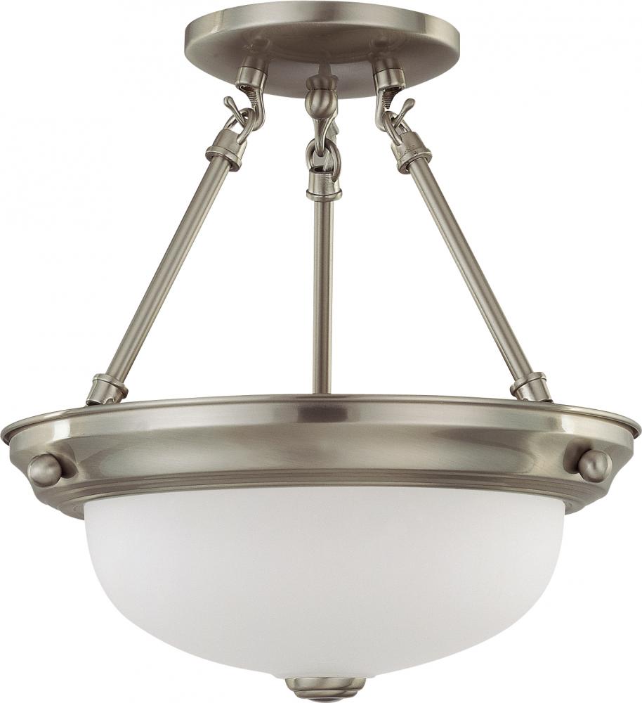 2-Light 11" Semi Flush Mount Ceiling Light in Brushed Nickel Finish with Frosted White Glass and