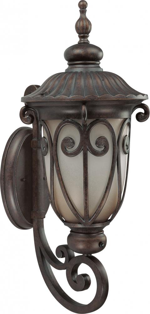 1-Light Large Outdoor Wall Lantern (Arm Up) with Photocell in Burlwood Finish with Frosted Wheat