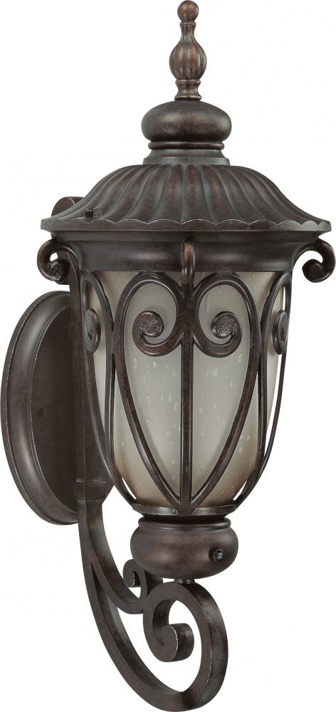 1-Light Medium Outdoor Wall Lantern (Arm Up) with Photocell in Burlwood Finish with Frosted Wheat