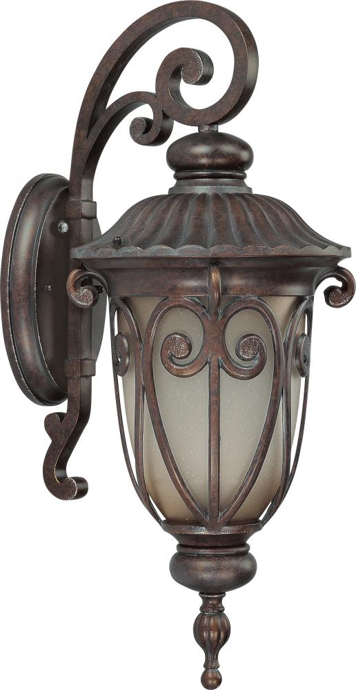 1-Light Medium Outdoor Wall Lantern (Arm Down) with Photocell in Burlwood Finish with Frosted Wheat