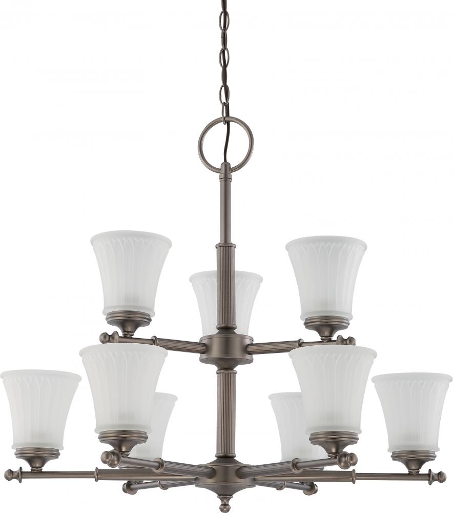 9-Light 2-Tier Large Chandelier in Aged Pewter Finish with Frosted Etched Glass