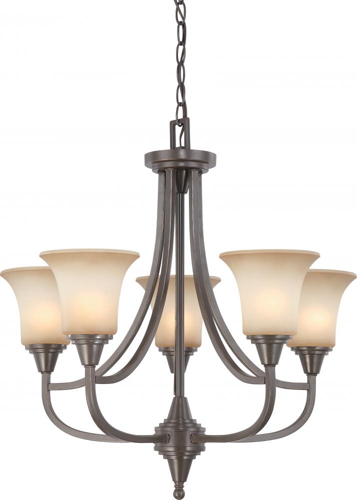 5-Light Chandelier in Vintage Bronze Finish with Auburn Beige Glass