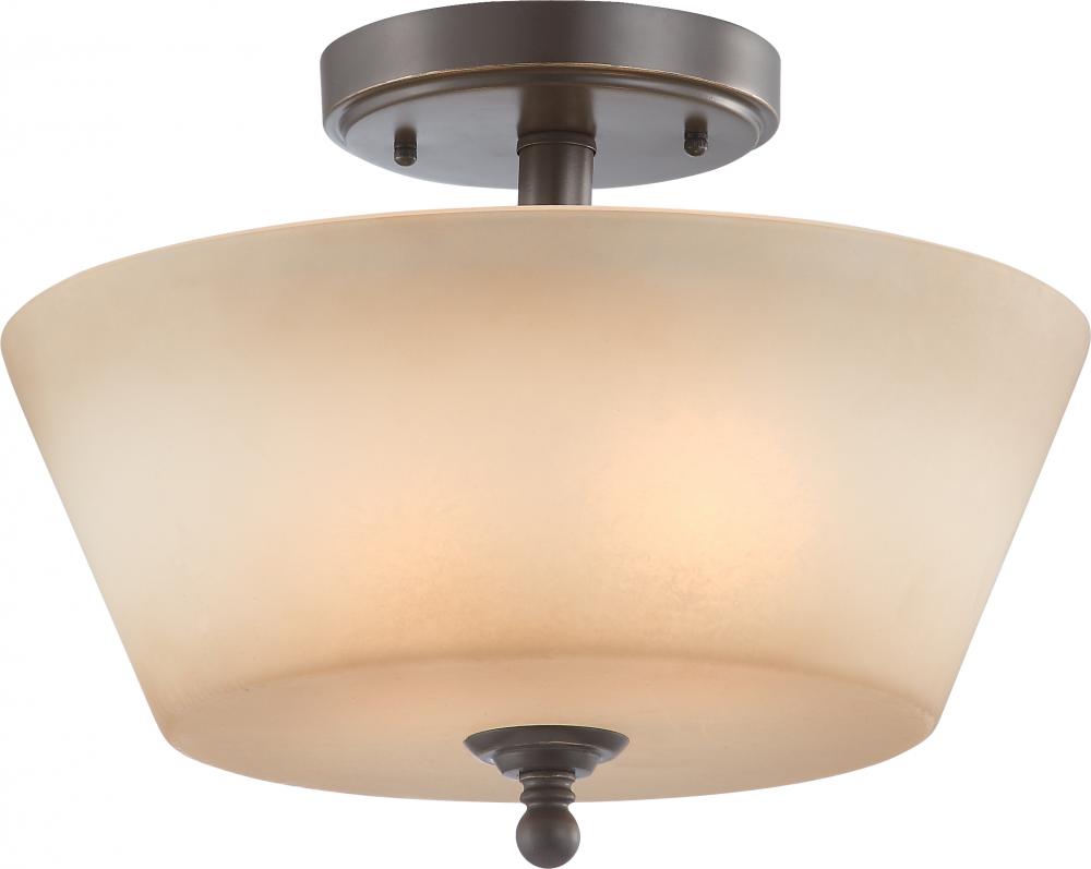 3-Light Semi Flush Mount Ceiling Light in Vintage Bronze Finish with Auburn Beige Glass