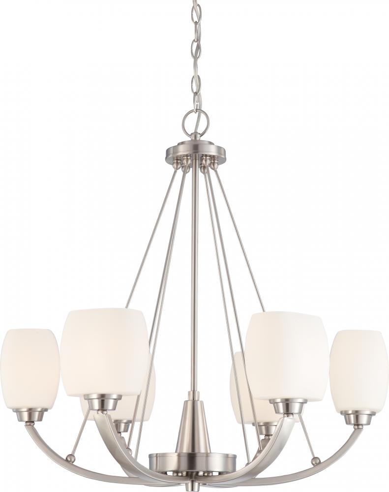 Helium - 6 Light Chandelier with Satin White Glass - Brushed Nickel Finish