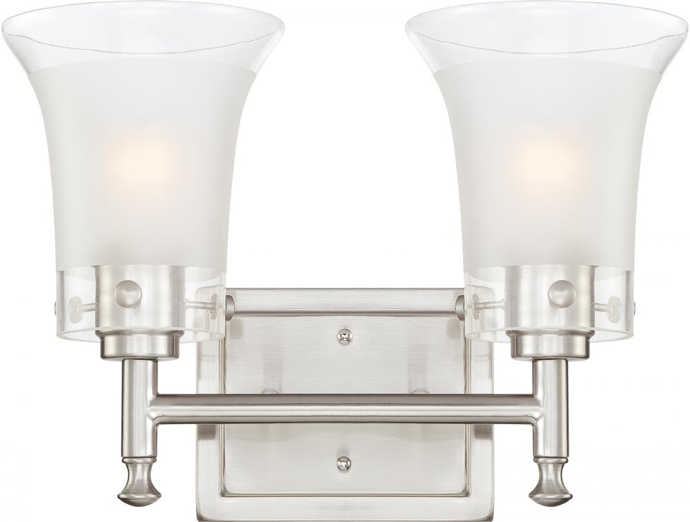 2-Light Vanity Fixture in Brushed Nickel Finish with Clear Outer & Frosted Inner Glass