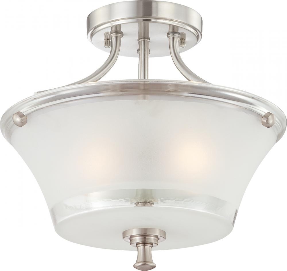 2-Light Semi Flush Light Fixture in Brushed Nickel Finish with Clear Outer & Frosted Inner Glass