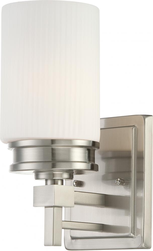 1-Light Vanity Light Fixture in Brushed Nickel Finish with White Satin Glass