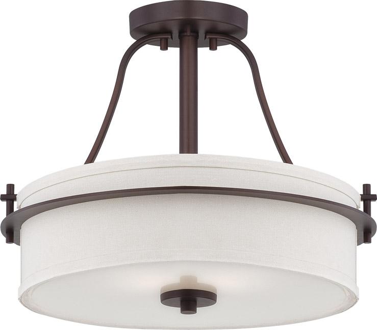 2-Light Semi Flush Mount Ceiling Light in Venetian Bronze Finish with White Linen Shade