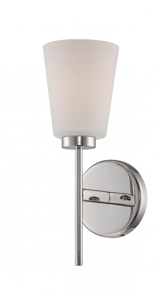 1-Light Wall Mounted Vanity Light in Polished Nickel Finish with White Satin Glass