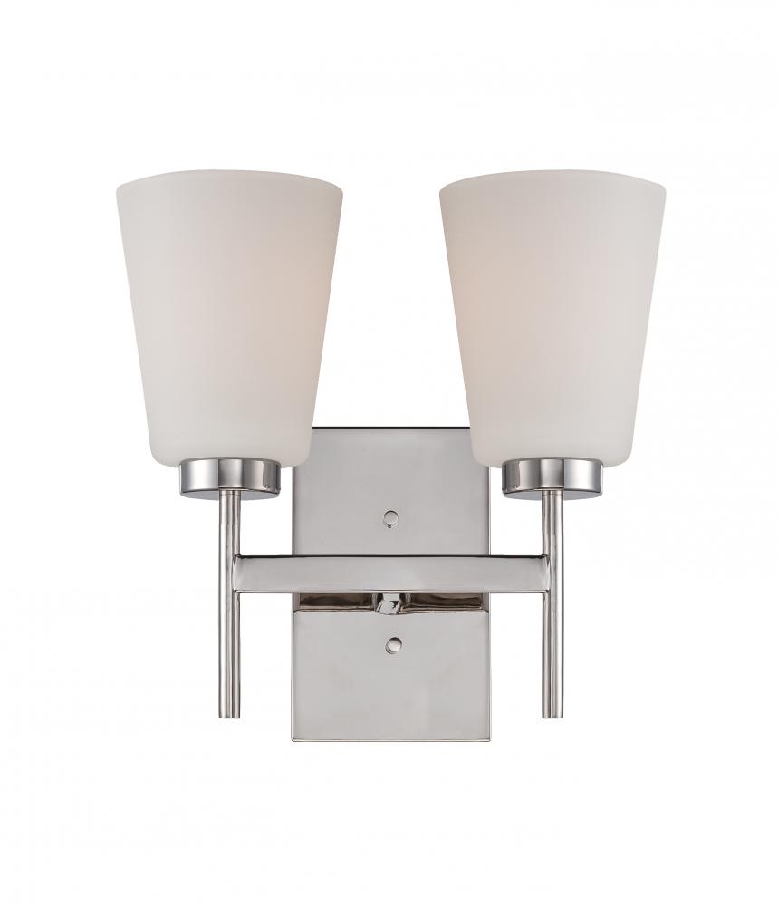 2-Light Wall Mounted Vanity Light in Polished Nickel Finish with White Satin Glass