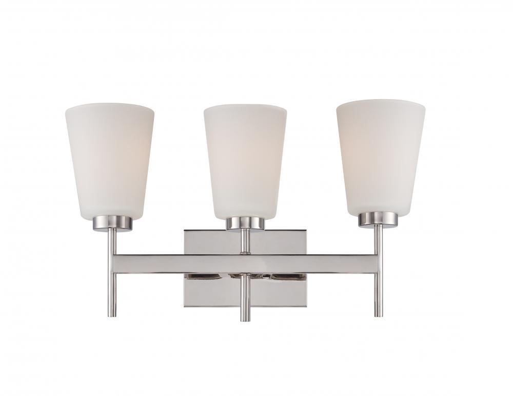 3-Light Wall Mounted Vanity Light in Polished Nickel Finish with White Satin Glass