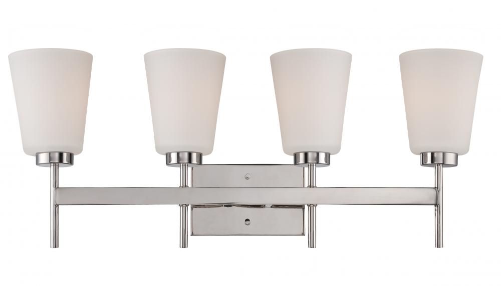 4-Light Wall Mounted Vanity Light in Polished Nickel Finish with White Satin Glass