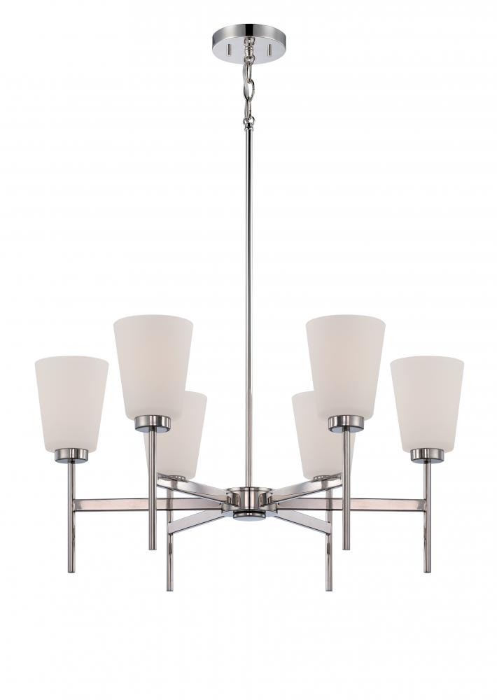 6-Light Polished Nickel Chandelier with White Satin Glass