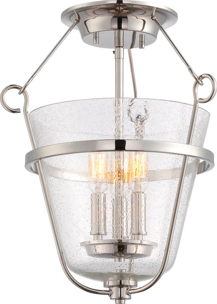 3-Light Semi Flush Light Fixture in Polished Nickel Finish with Clear Seeded Glass