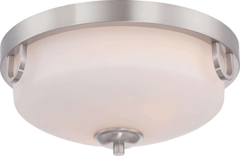 2-Light Flush Mount Light Fixture in Brushed Nickel Finish with Etched Opal Glass