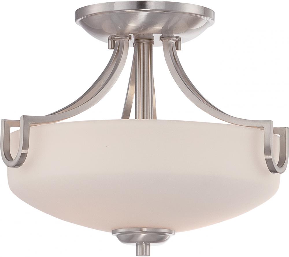 2-Light Semi Flush Light Fixture in Brushed Nickel Finish with Etched Opal Glass