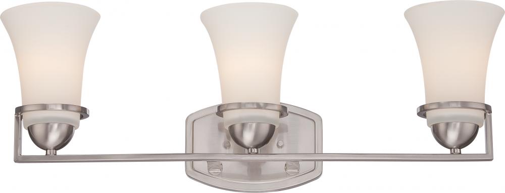 3-Light Vanity Light Fixture in Brushed Nickel Finish with Satin White Glass