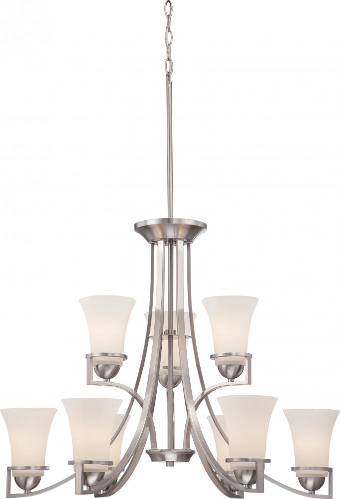 9-Light 2-Tier Chandelier in Brushed Nickel Finish with Satin White Glass