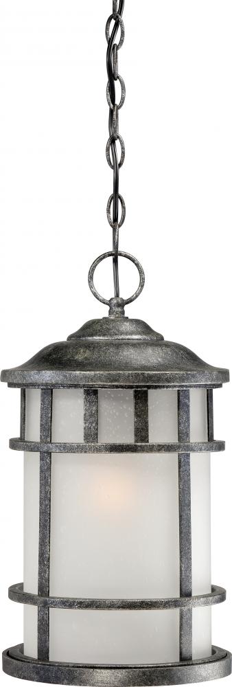 1-Light Outdoor Hanging Fixture in Aged Silver Finish with Frosted Seed Glass