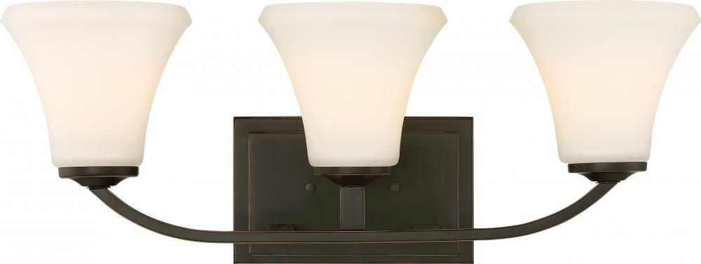 Fawn - 3 Light Vanity with Satin White Glass - Mahogany Bronze Finish