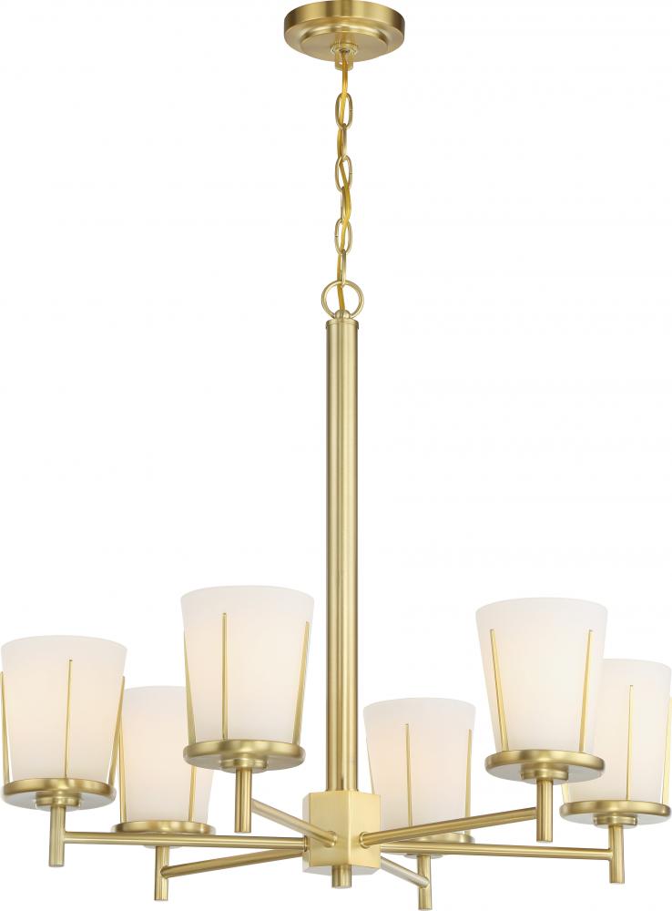 Serene - 6 Light Chandelier with Satin White Glass - Natural Brass Finish