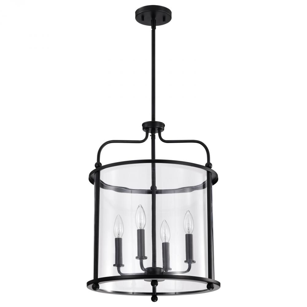 Yorktown 4 Light Pendant; Matte Black Finish; Clear Glass