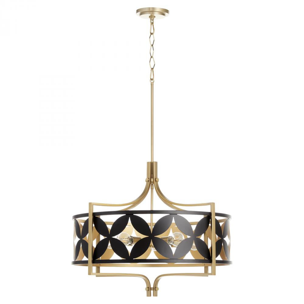 Mariposa 5 Light Pendant, Matte Black, Aged Brass